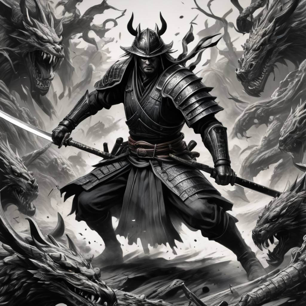 Um samurai fatiando monstros gigantes de tinta com linhas de velocidade de mangá.
