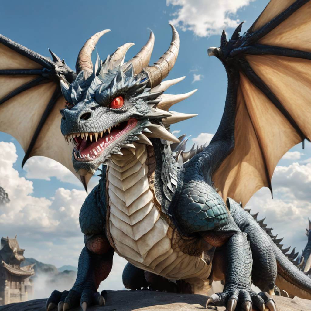 Um dragão de mangá abre o olho, bate as asas e ruge para o céu.