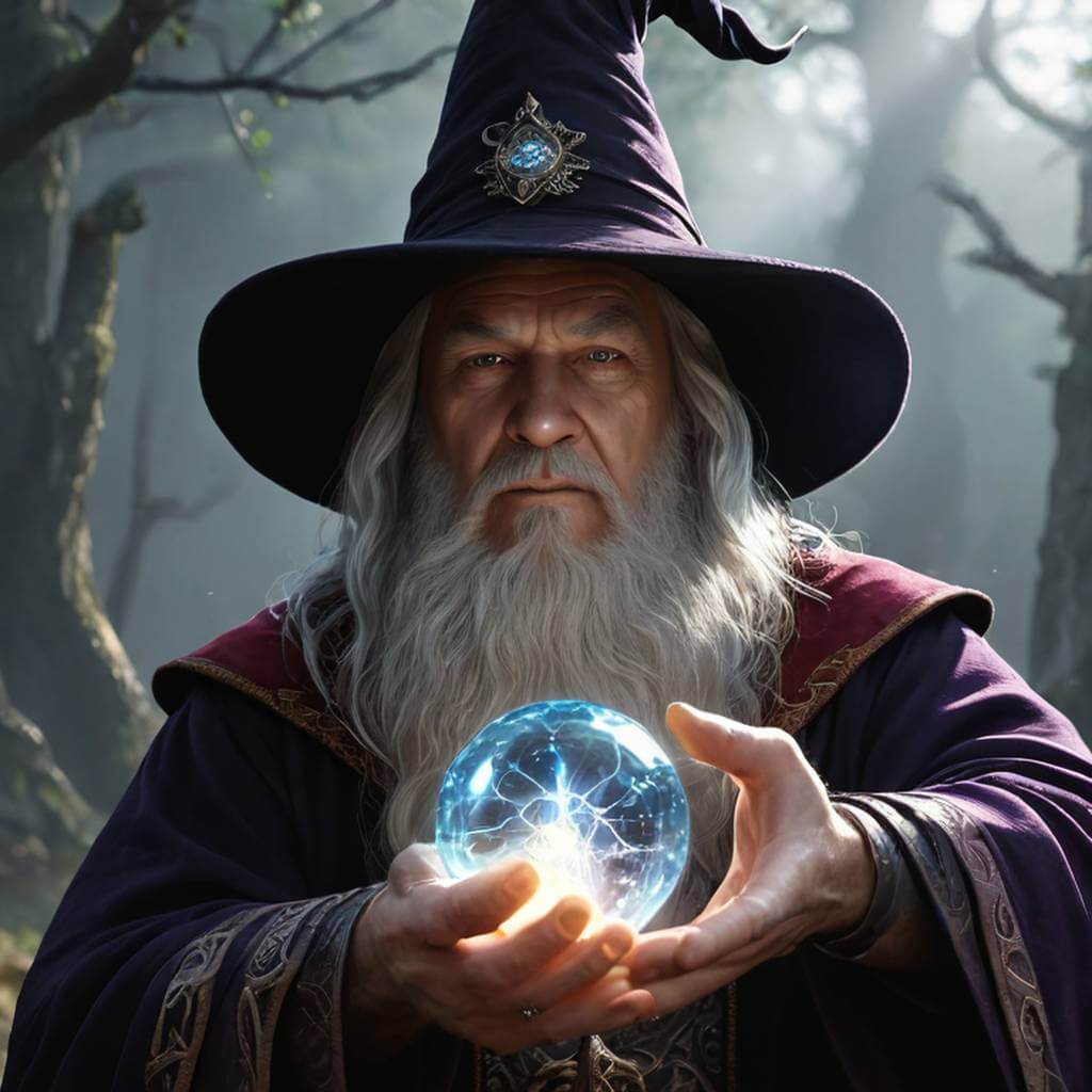 Um mago canaliza magia para uma esfera brilhante que pulsa e flutua.