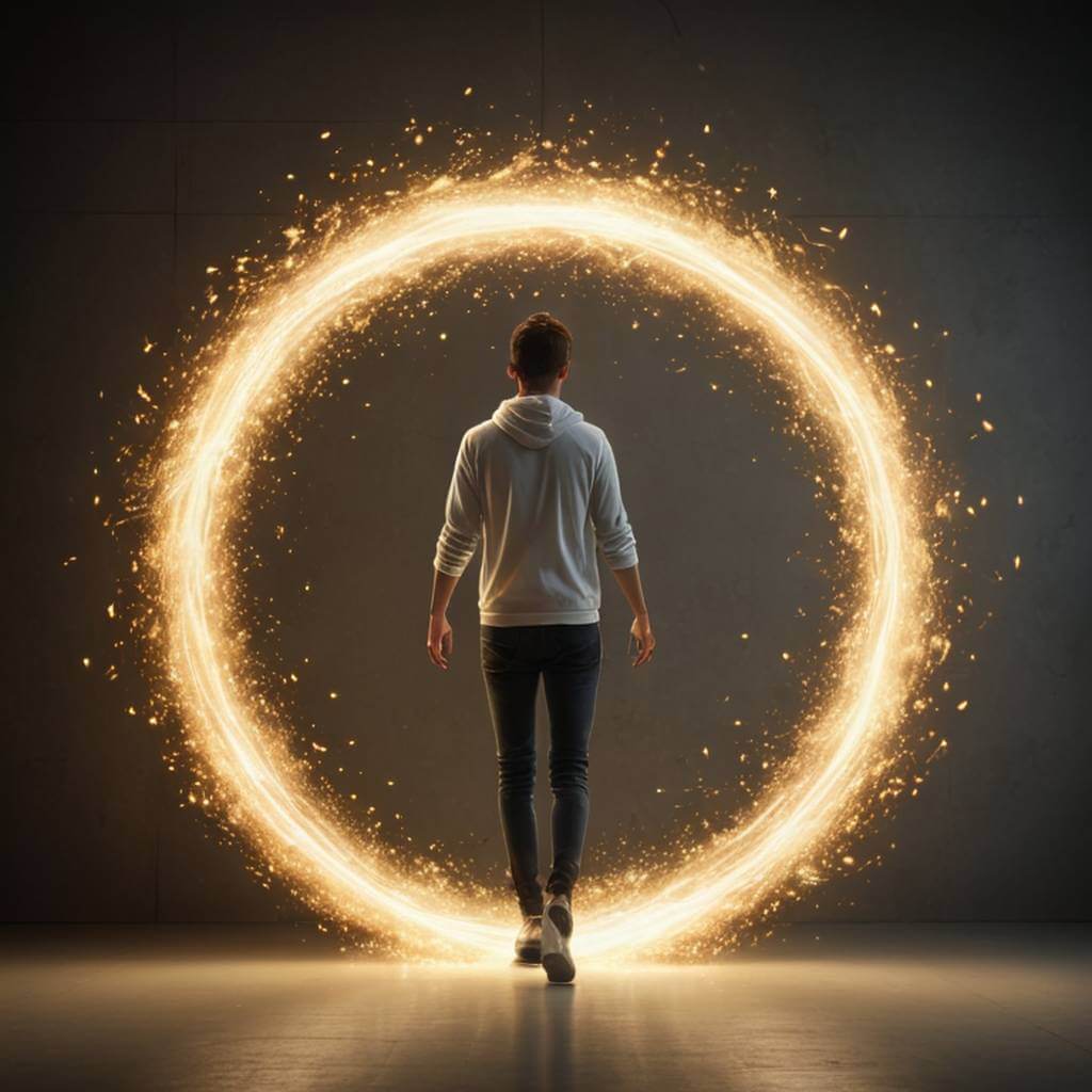 Uma pessoa entra em um portal brilhante que se abre e fecha.