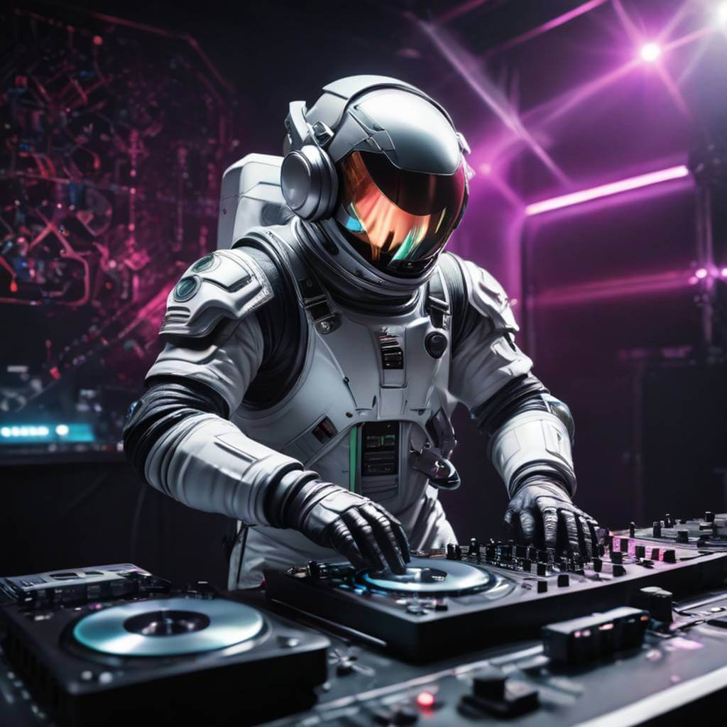Um DJ em traje espacial mixando faixas, luzes de laser piscando no ritmo.