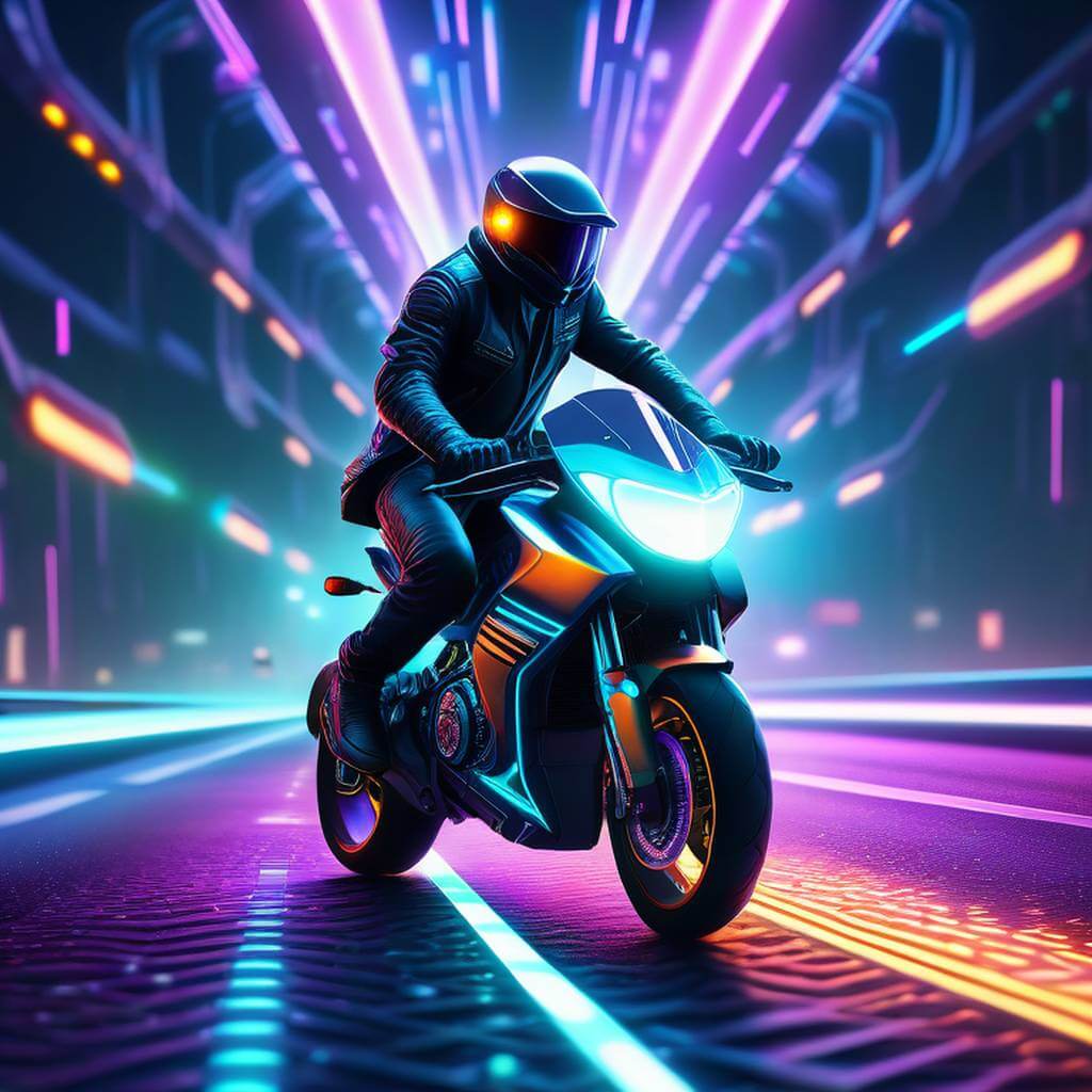 Um motociclista de ficção científica acelera por uma estrada de grade brilhante, luzes refletindo por toda parte.
