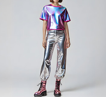 Conjunto futurista metálico de dos piezas que brilla con un aire espacial.