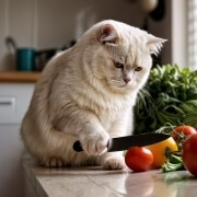 Apresente um gato transformado em chef, preparando uma refeição.