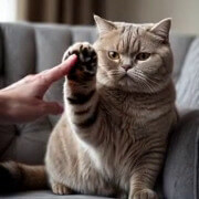Mostre o gato fazendo um "high-five" com uma mão humana.