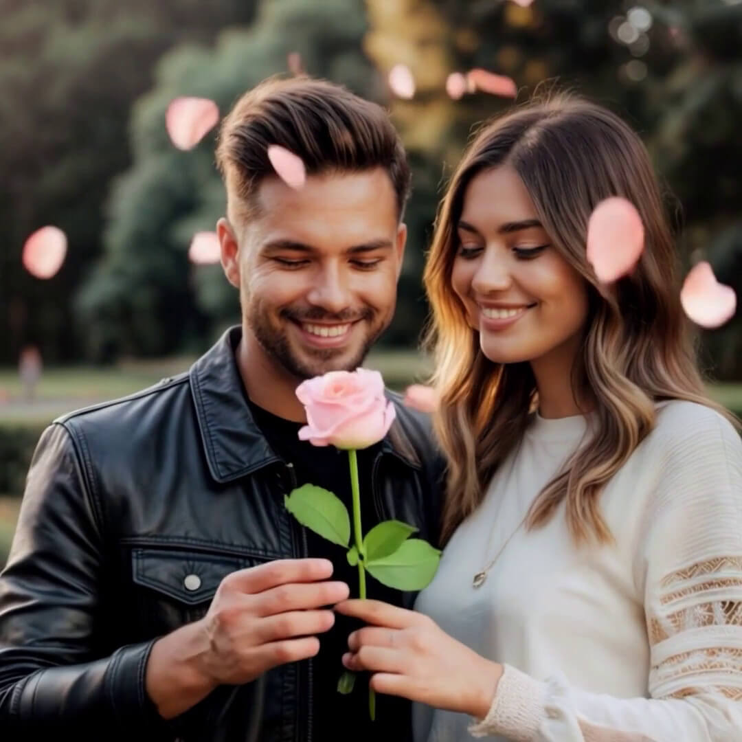 Mostre um pedido de casamento romântico com uma rosa.