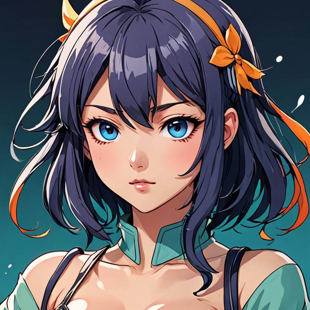 Fille d'Anime, cheveux noirs un peu bleu foncé, ruban organe dans les cheveux, ambiance calme et rêveuse.