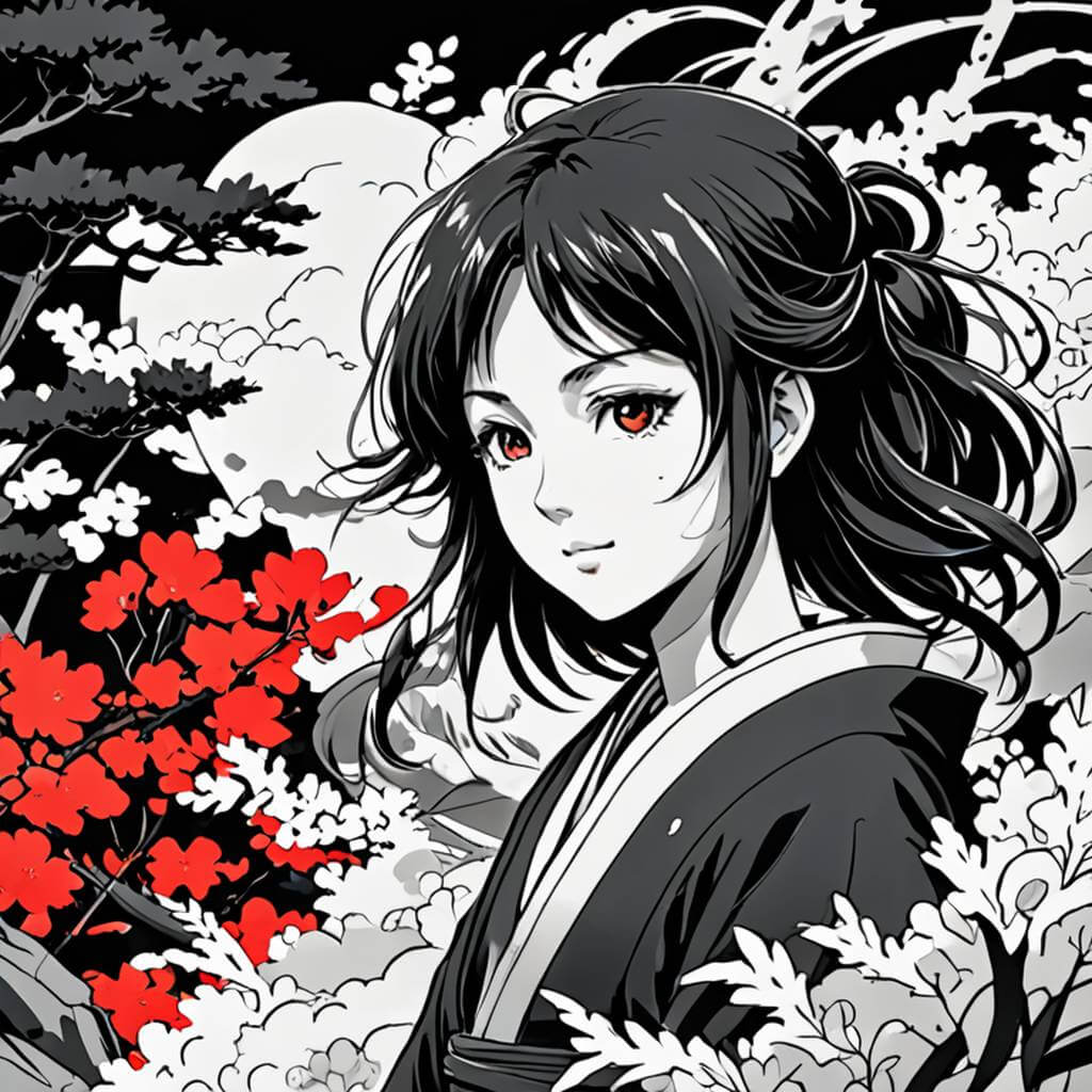 Fille style époque des samourai, en noir et blanc avec du rouge, rappelant les anciens animés.