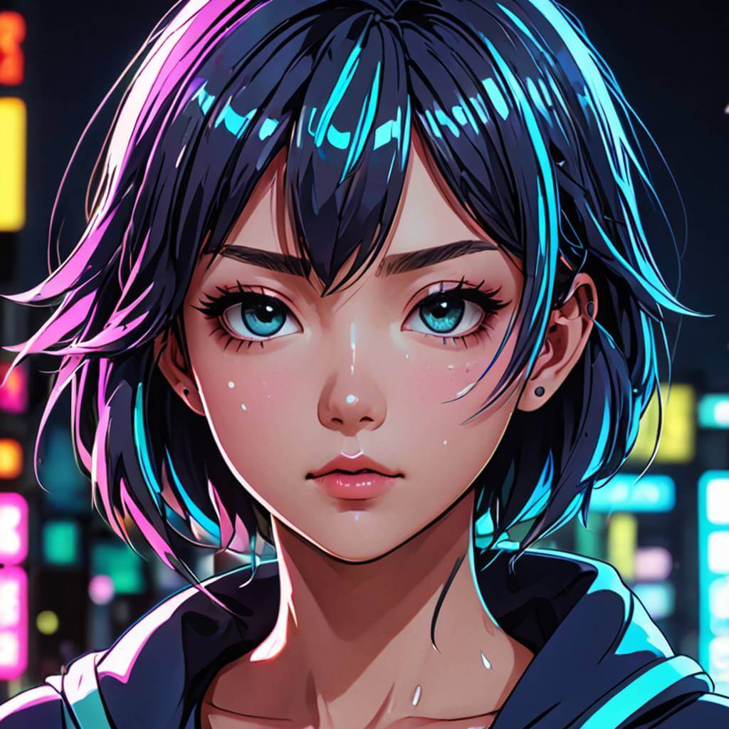 Traits du visage détaillés, reflets néon sur la peau, cheveux synthétiques, avec un style futuriste et urbain.