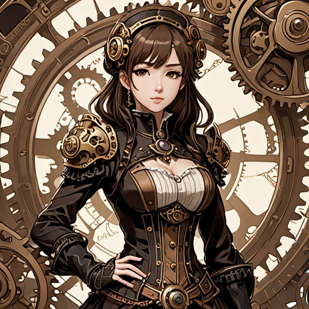 Rouages, femme en mode de l'époque victorienne, tons sépia chaleureux et des détails mécaniques complexes.