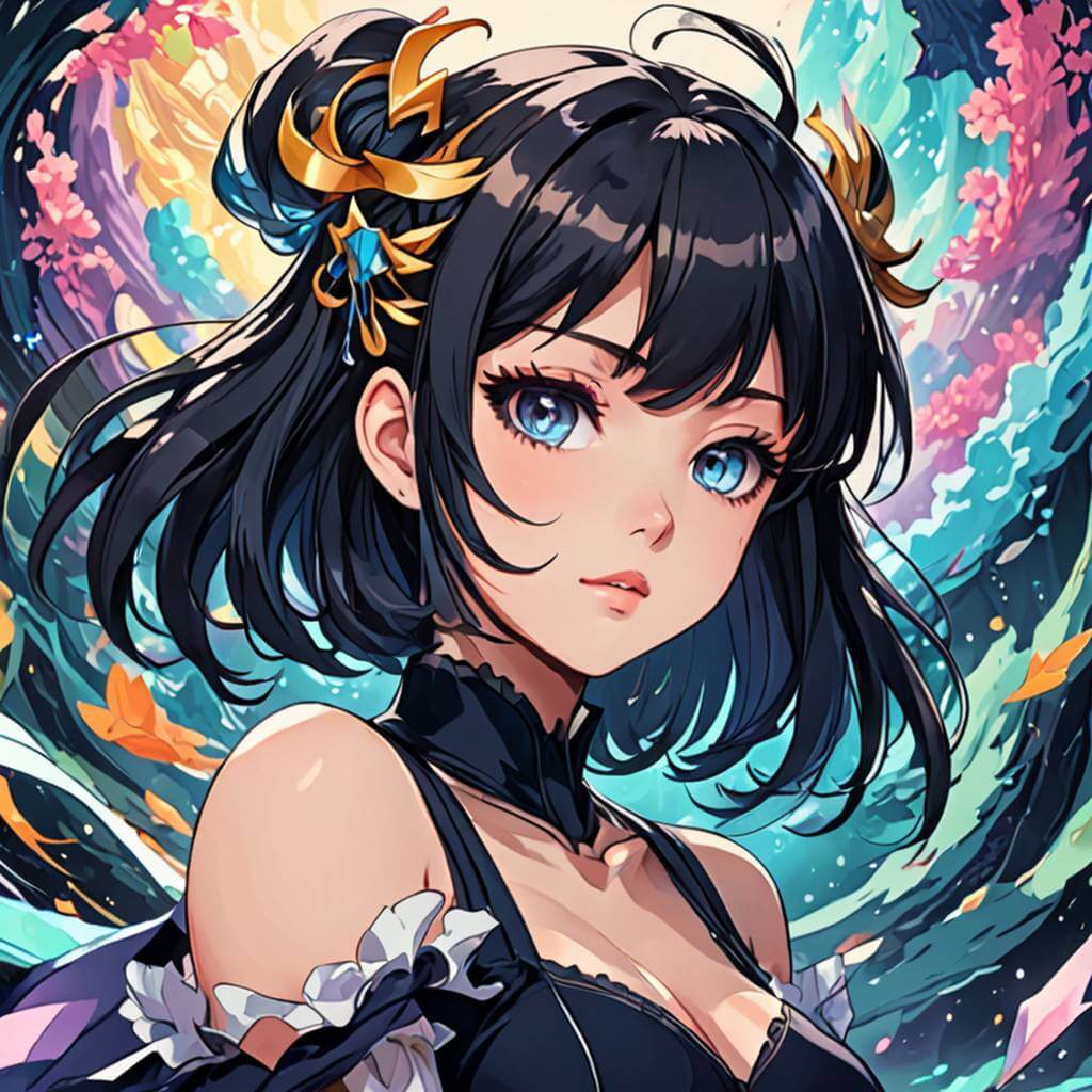 Personnage d'Anime, fille aux cheveux noirs,  éléments flottants, évoquant un univers de fantaisie et de subconscient.