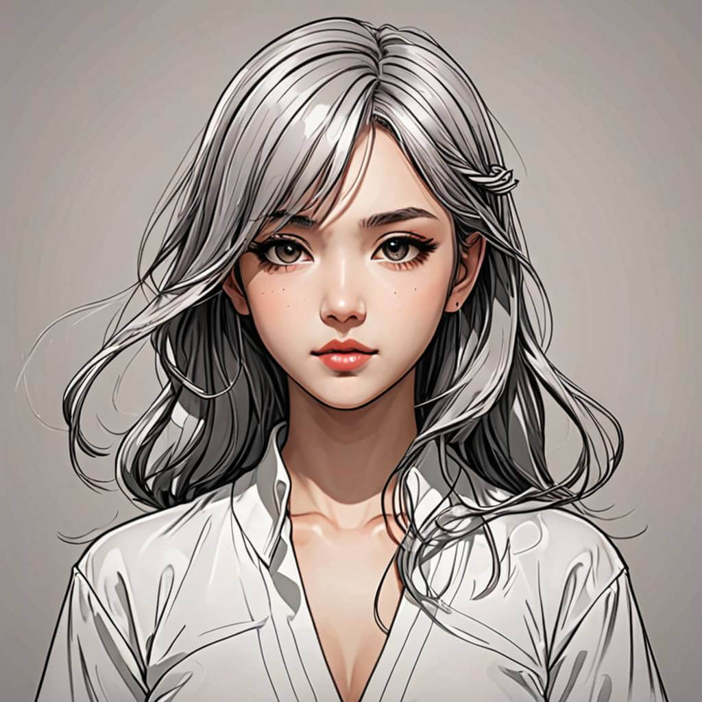 Fille d'anime stylé coréenne, cheevux blanc argenté, chemisier blanc sexy, et lèvres pulpeuses.