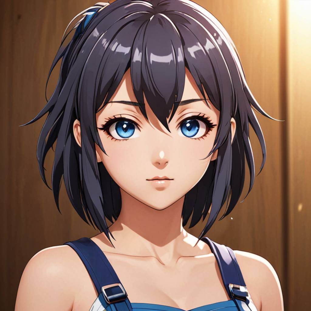 Fille d'anime brune et sexy, reflet lumineux sur les cheveux et les yeux, typiques de l’anime 3D moderne.
