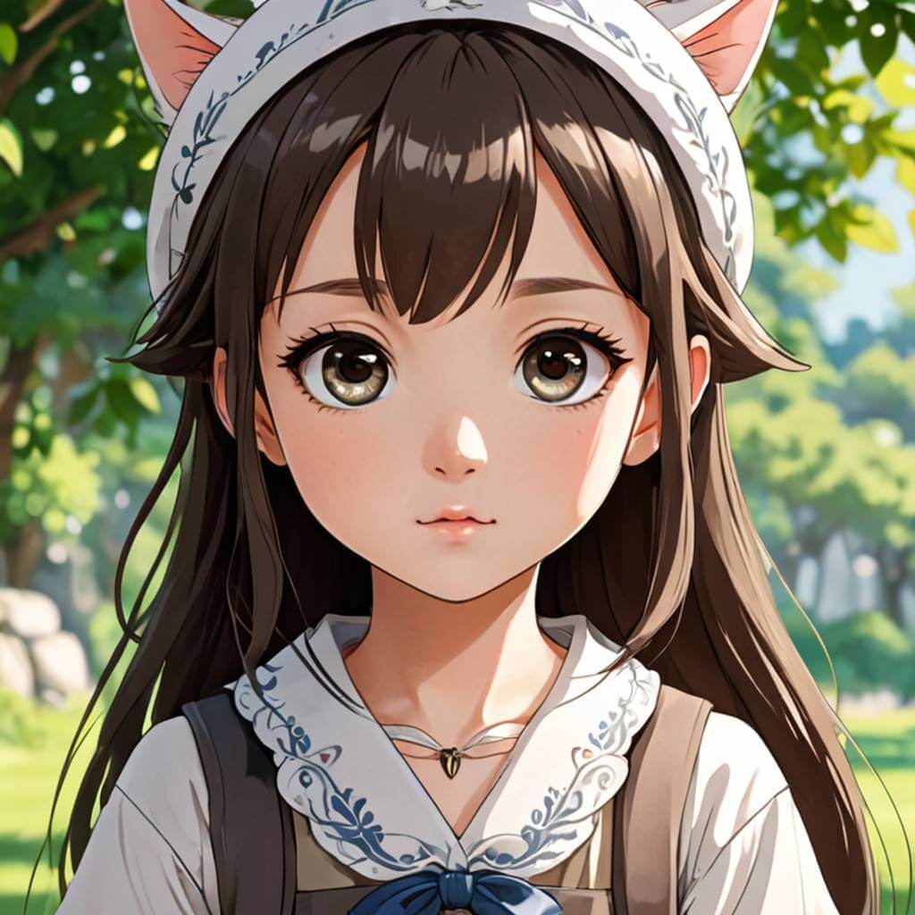 Fille d'anime/manga, grand yeux innocents, cheveux long marron, avec une frange.