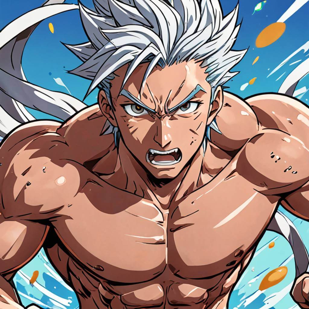 Homme d'Anime, un peu style Dragon Ball, cheveux blanc elévé, musclé et puissant