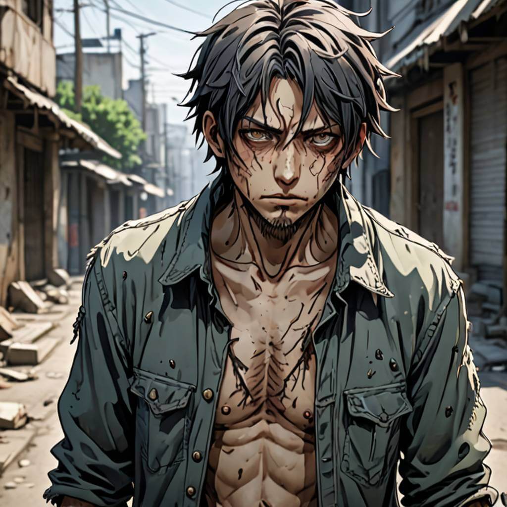 Homme, personnage de jeux vidéos style animé, Peau sale, vêtements déchirés, souvent des yeux vides ou terrifiés, montrant des signes de survie et de lutte