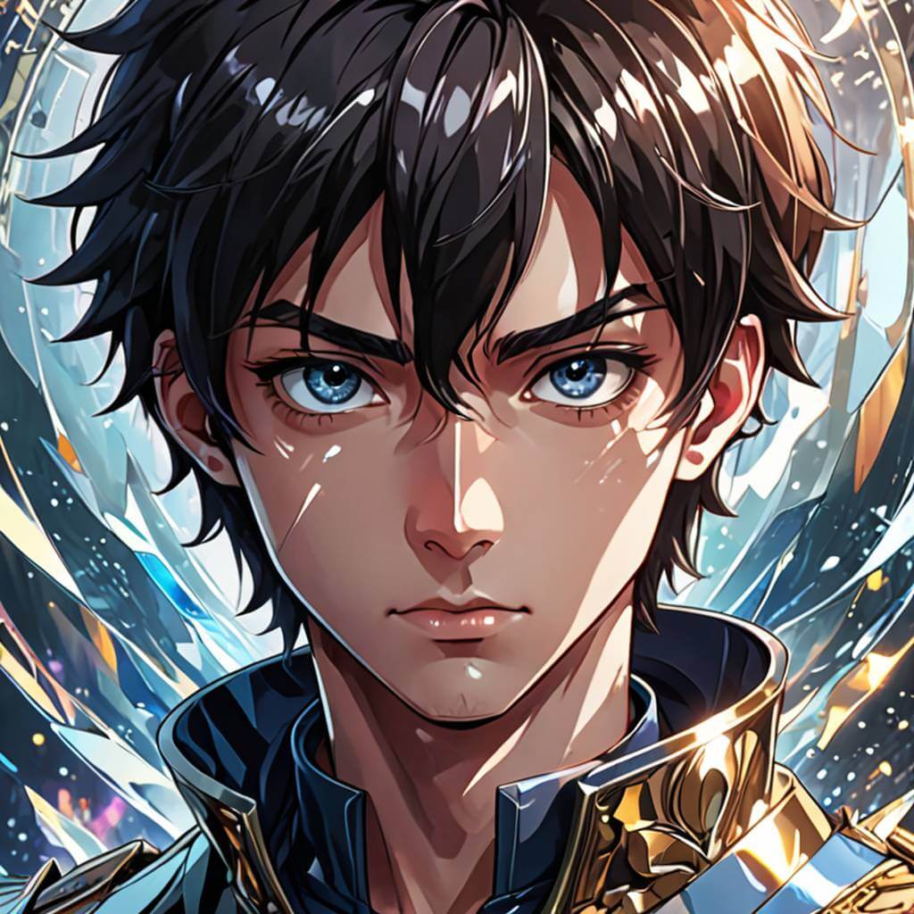Personnage d'Anime, Homme avec de grands reflets multiples dans les yeux, créant un effet scintillant et captivant.