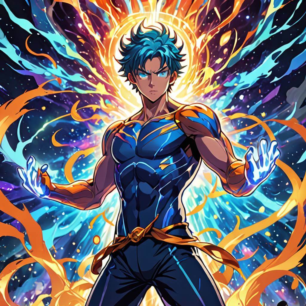 Personnage d'anime, homme entouré d’un champ d’énergie translucide et coloré, mettant en valeur sa force ou ses pouvoirs magiques.