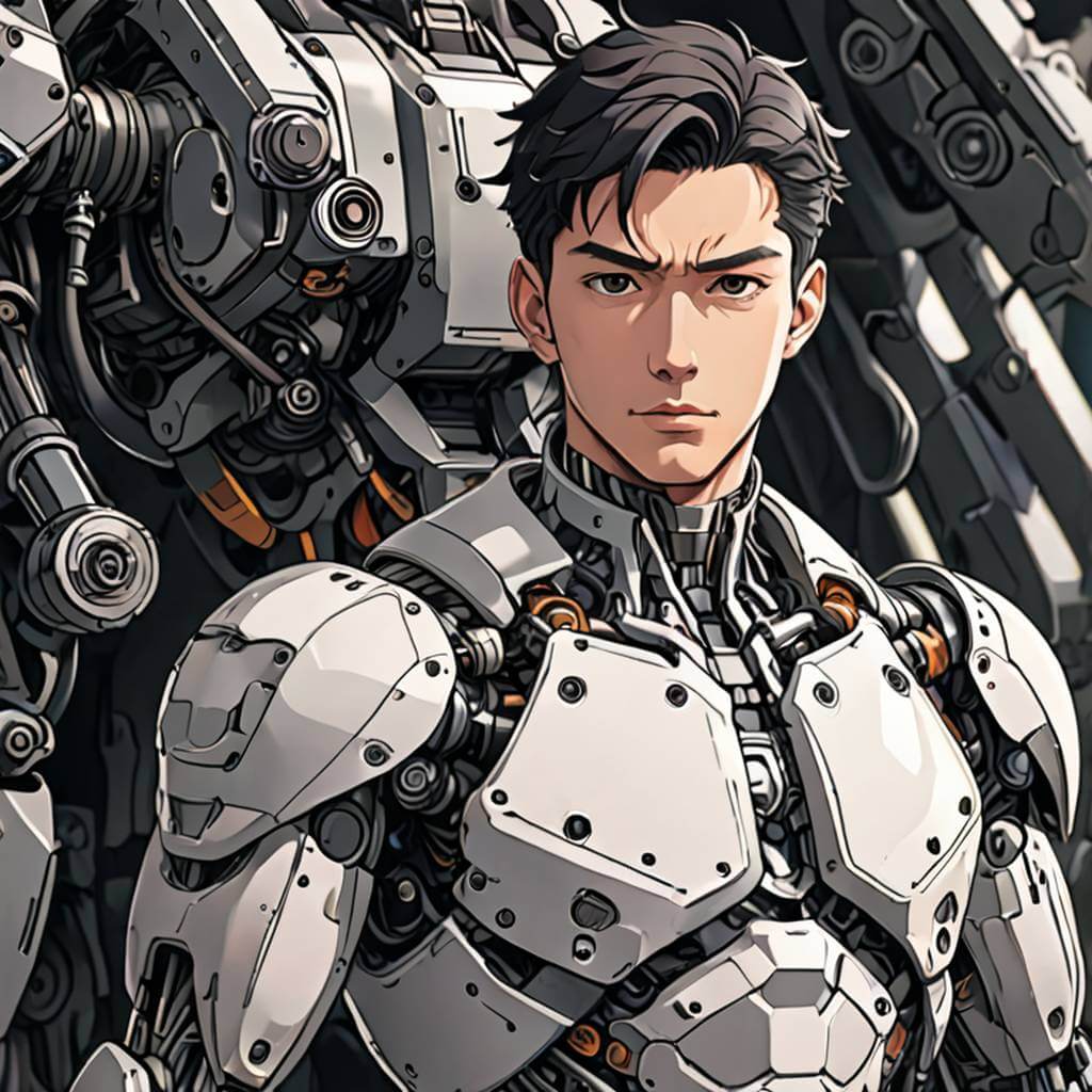 Homme mecha style Anime, armure, blanche, beau.