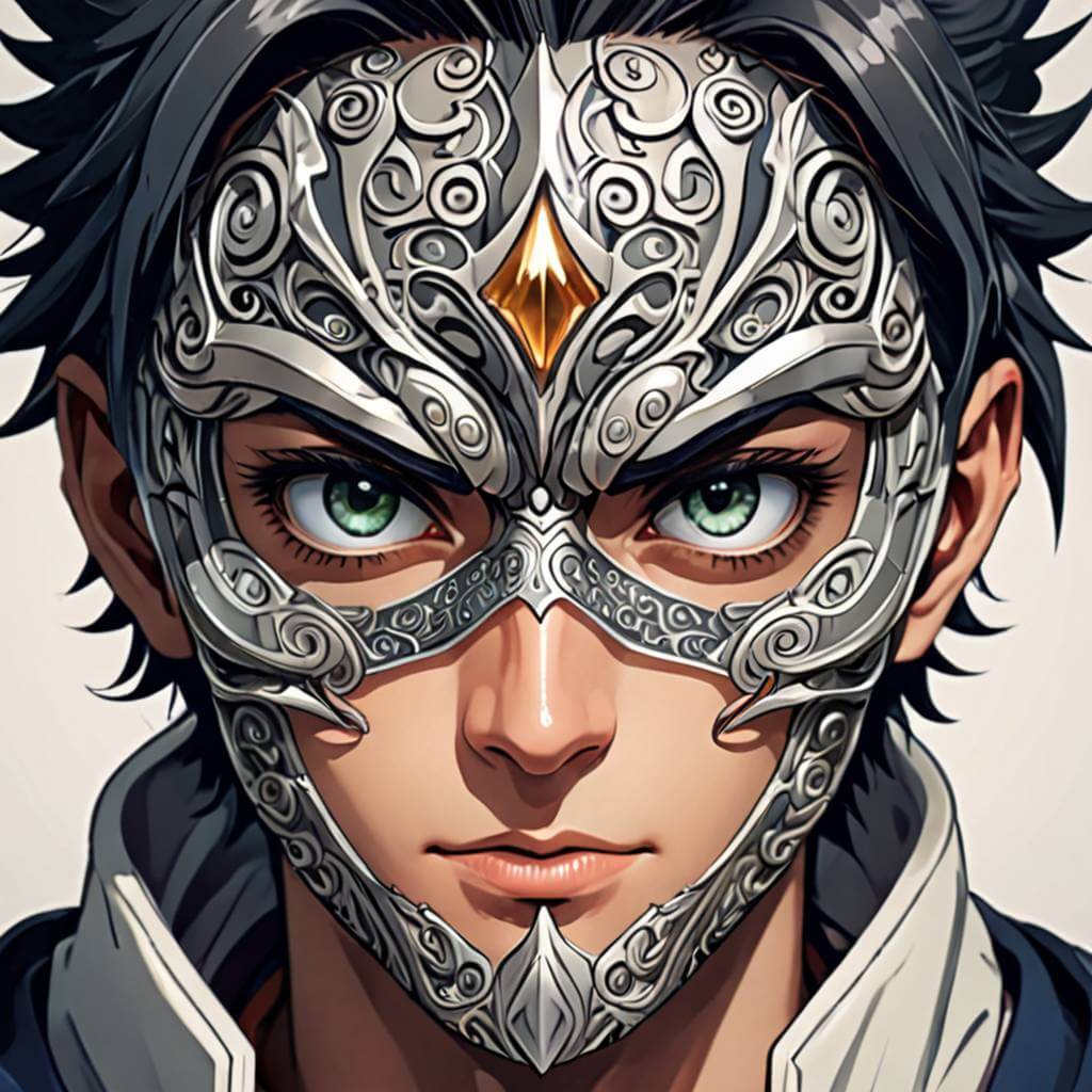 Homme, yeux et expression visibles au-dessus ou autour d’un masque stylisé, créant du mystère.