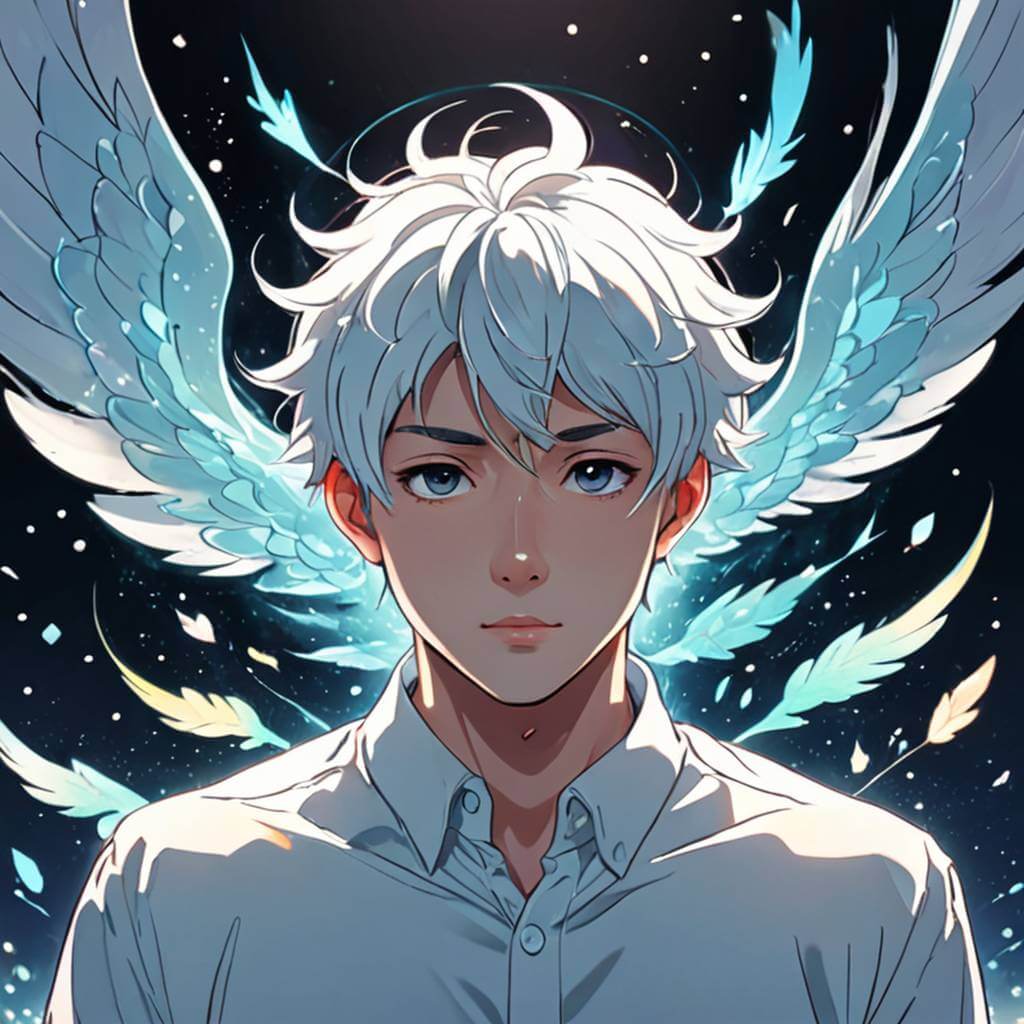 작고 양식화된 영적 동물이나 영적인 존재가 남자의 머리나 어깨 근처에 부드럽게 떠 있는 모습
