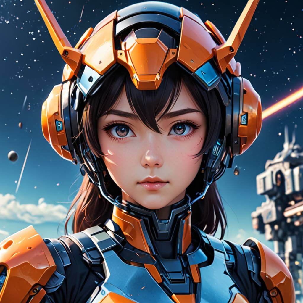 Jolie fille, regard intense et concentré, sérieux ou déterminé, légers reflets dans les yeux, montrant leur lien avec des robots géants.