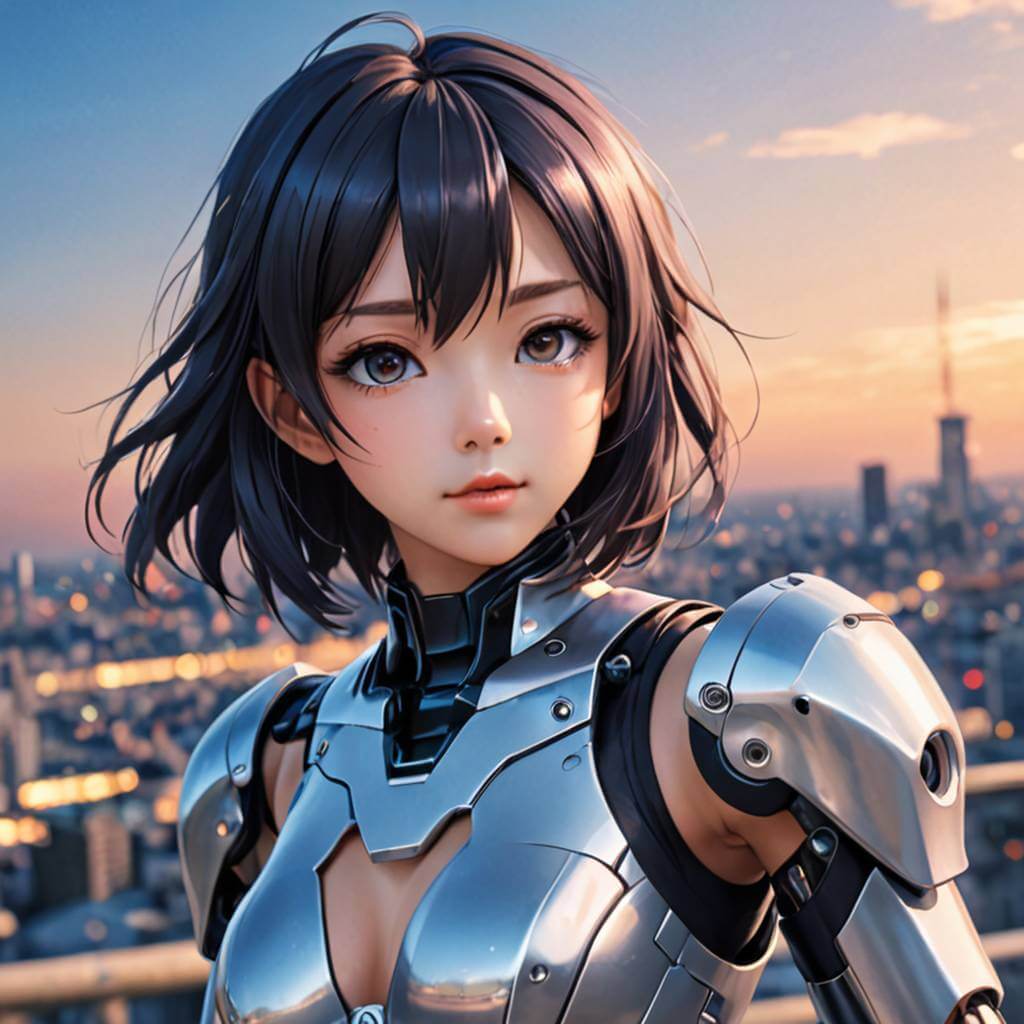 Jeune femme au look futuriste, visage doux, yeux brillants, cheveux noirs mi-longs au vent. Elle porte une armure métallique élégante, expression calme et déterminée, avec un fond de coucher de soleil urbain. Style anime réaliste