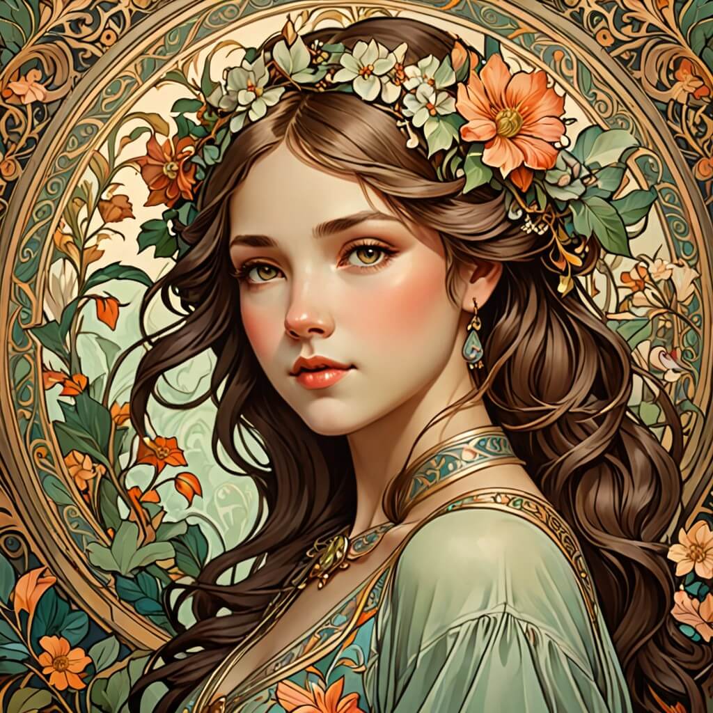 Femme aux cheveux marrons, style Mucha.