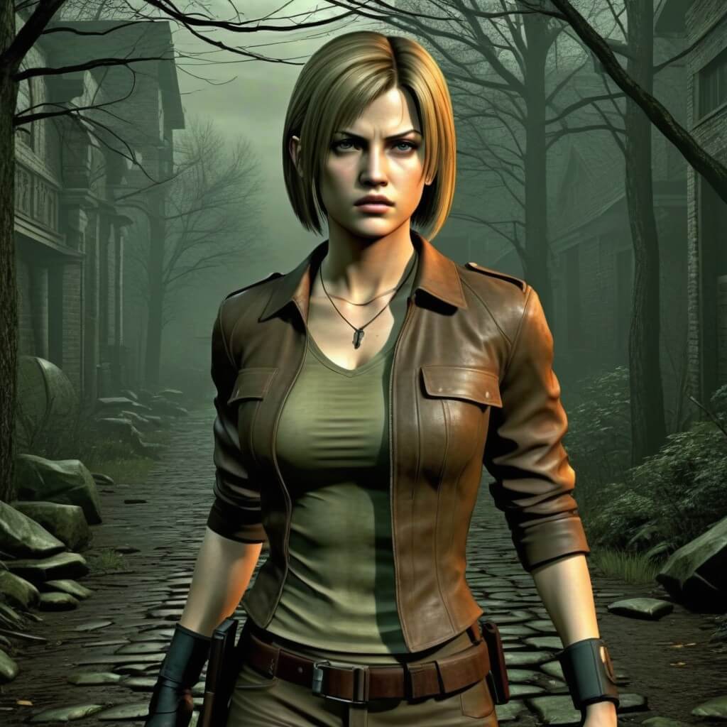 Femme blonde, cheveux courts, style sombre et Playstation.