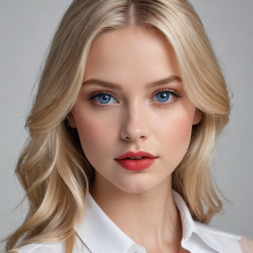 Jolie fille blonde aux yeux bleus et lèvres rouges.