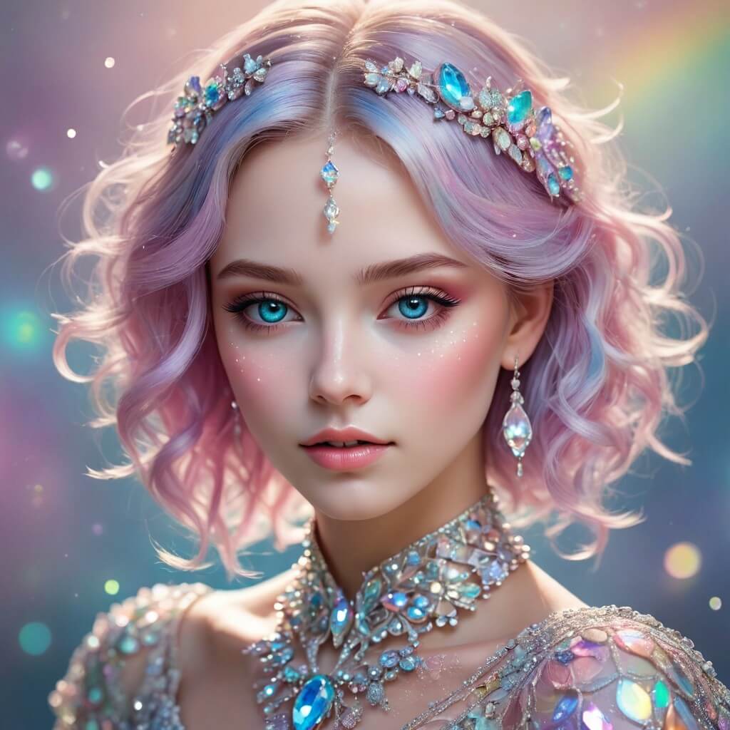 Femme aux cheveux roses avec des bijoux féériques.