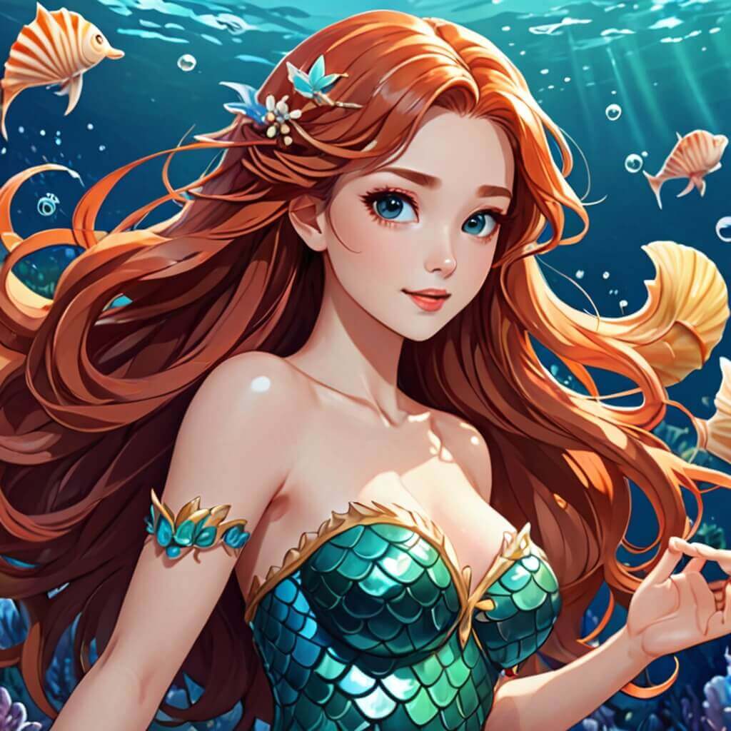 Una sirena con cabello suelto, un top de concha y una mirada alegre.