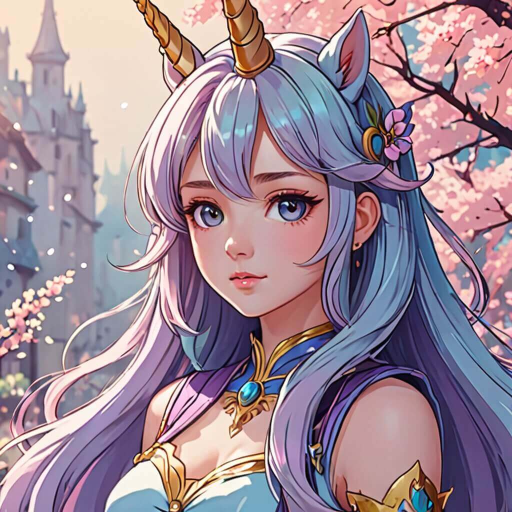Un personaje con cuerno de unicornio, colores pastel y mirada de ensueño.