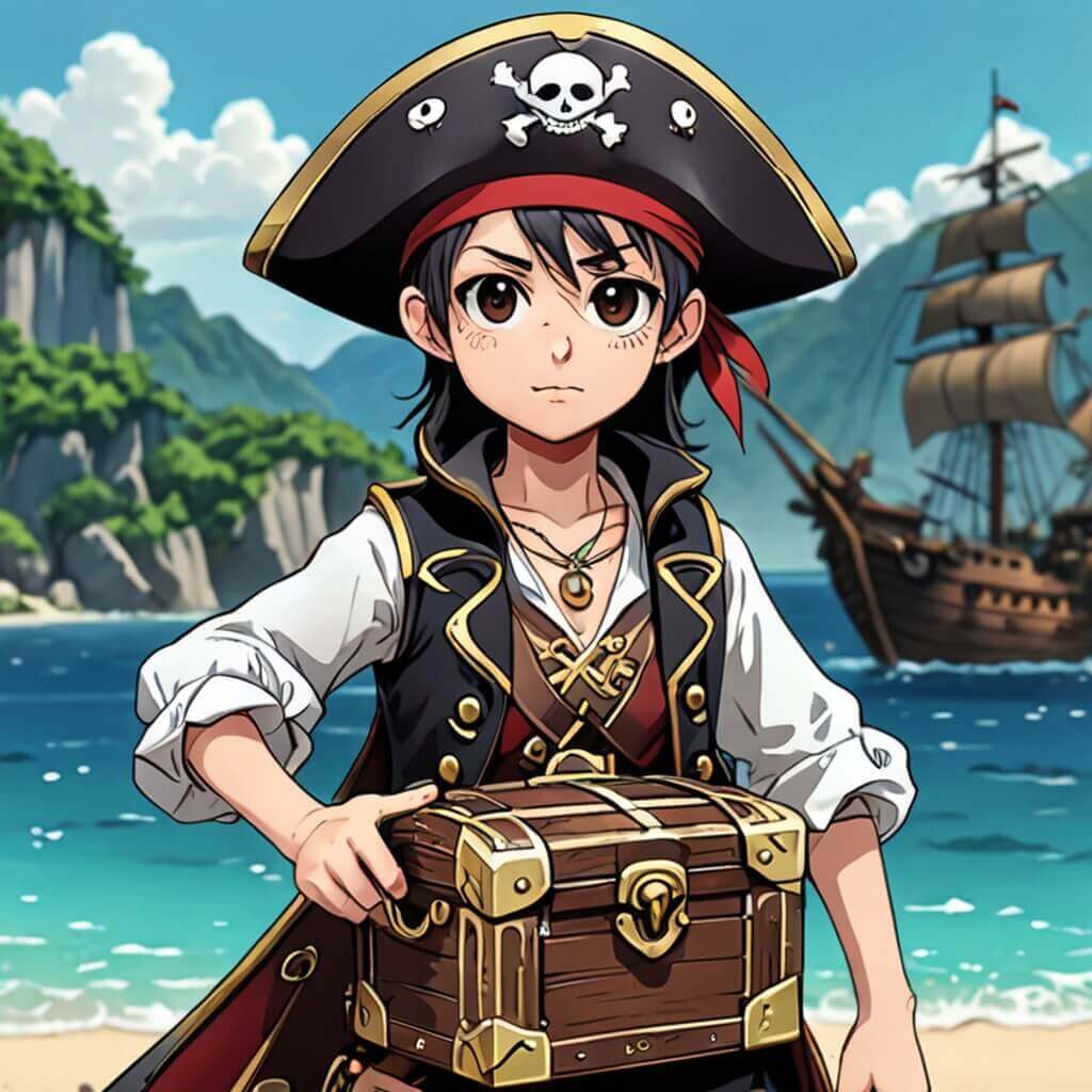 Un pequeño pirata con un sombrero, parche en el ojo y un cofre del tesoro.