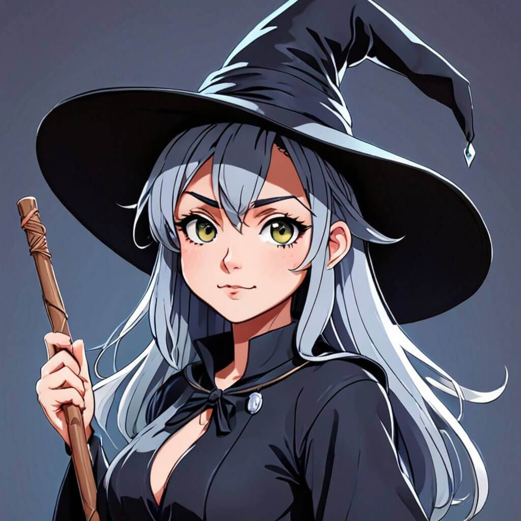 Una bruja con un sombrero puntiagudo, una escoba y una expresión juguetona.