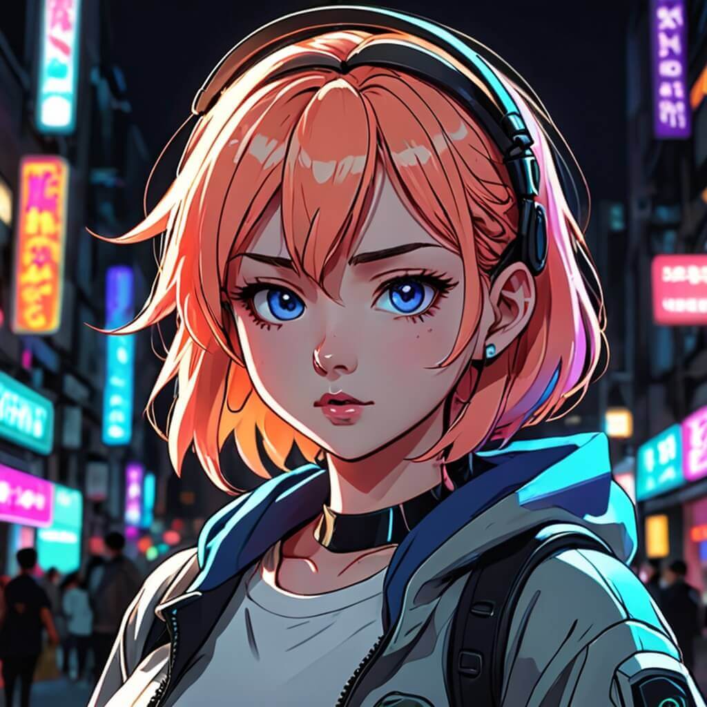 Un personaje con luces de neón, dispositivos tecnológicos y una expresión genial.