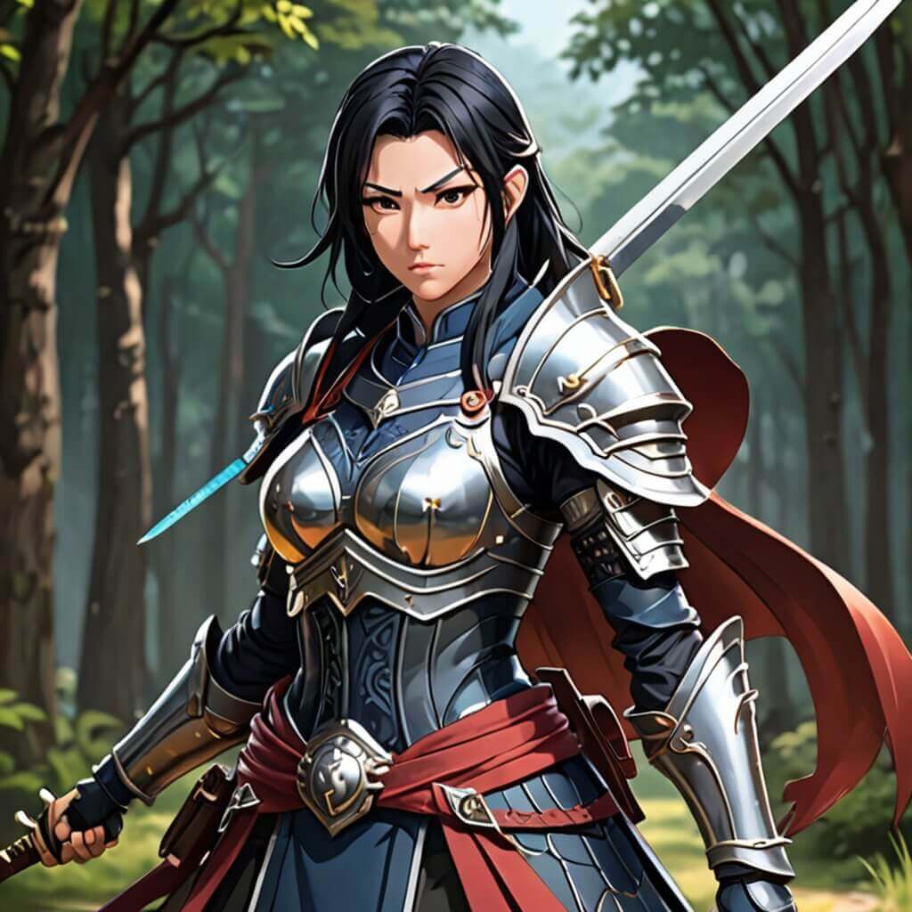 Un guerrero con armadura tradicional, katana y mirada feroz.