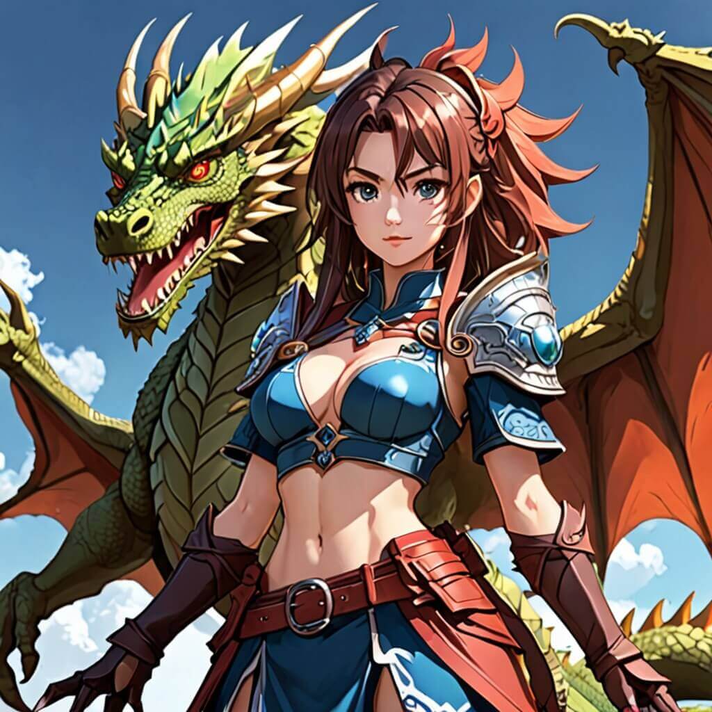 Un personaje con atuendo de temática de dragón y una postura poderosa.