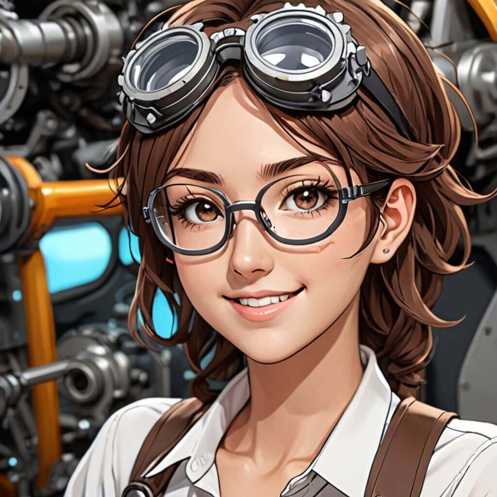 Un inventor con gafas, engranajes y una sonrisa segura.