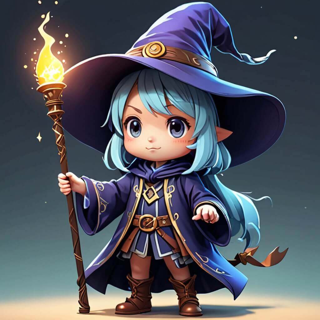 Un pequeño y adorable mago con un gran sombrero y un bastón mágico.