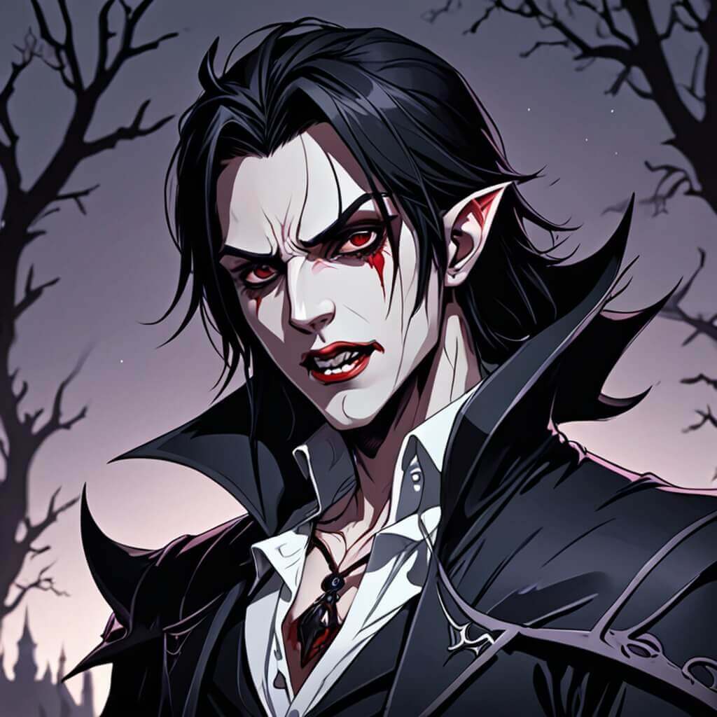 Un vampiro con vestimenta oscura, colmillos y un aura misteriosa.