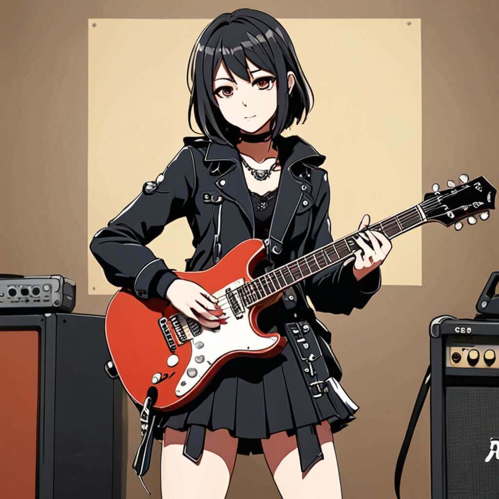 Un personaje con una guitarra, un traje atrevido y una pose genial.