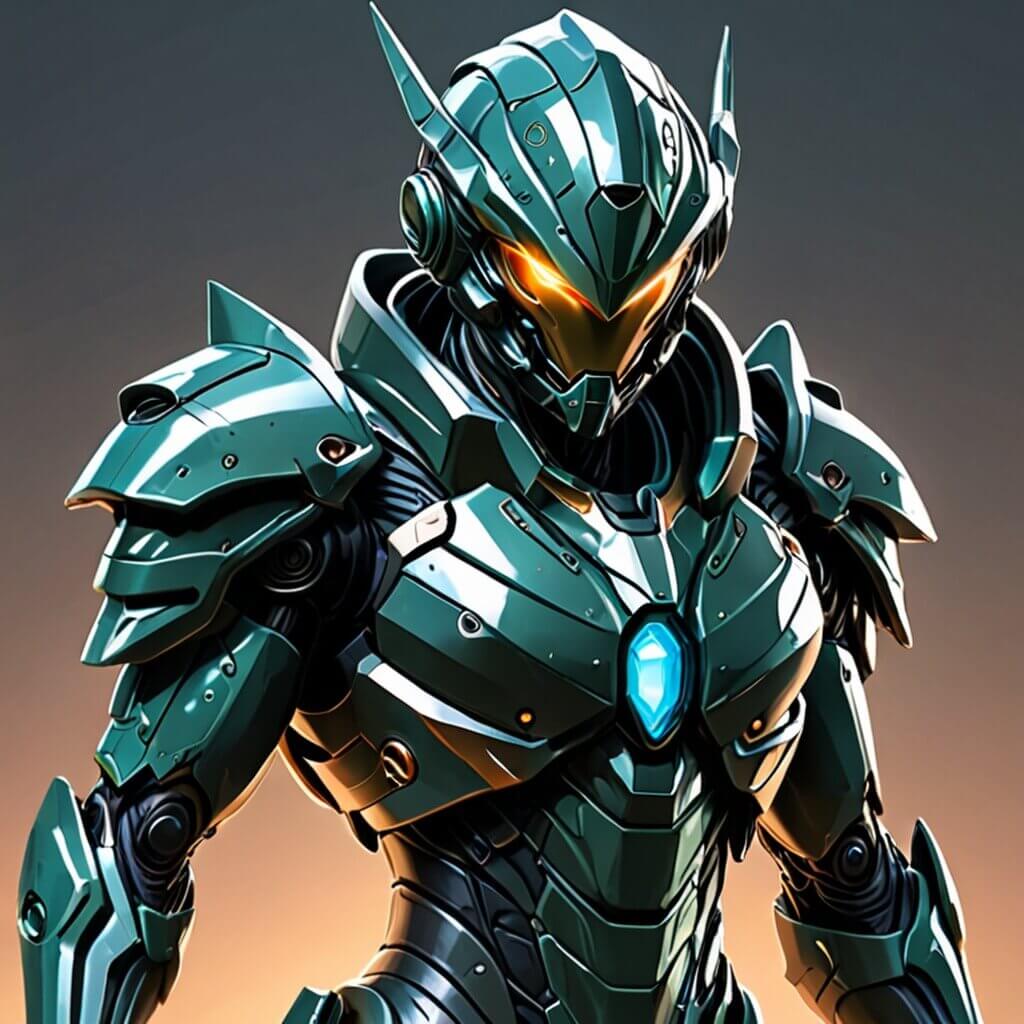 Un guerrero con rasgos alienígenas, armadura futurista y mirada feroz.