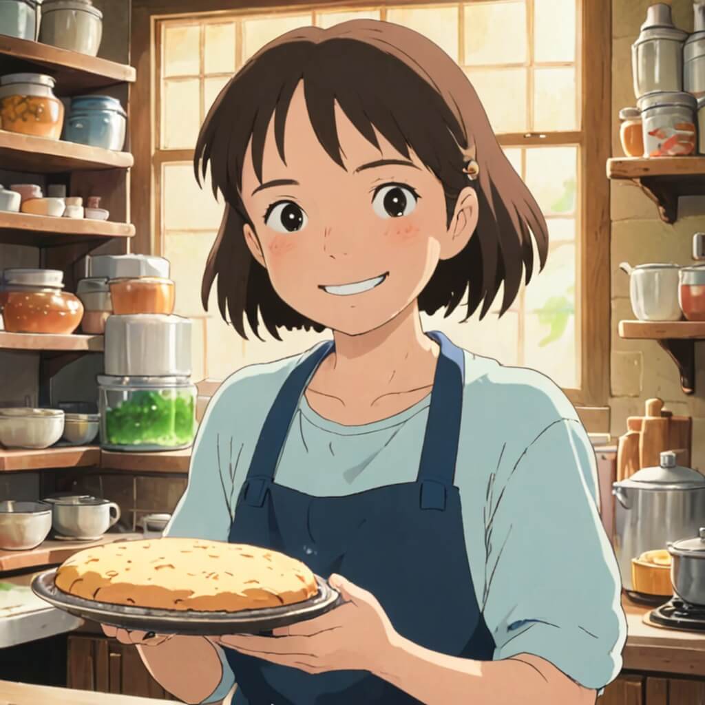 小麦粉を顔に塗り、温かい笑顔を浮かべる陽気なパン職人