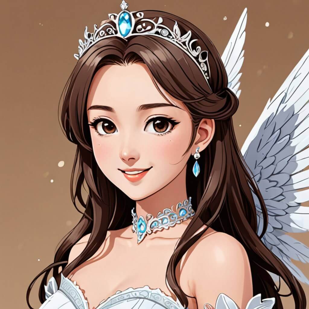 Una princesa con alas delicadas, una tiara y una dulce sonrisa.
