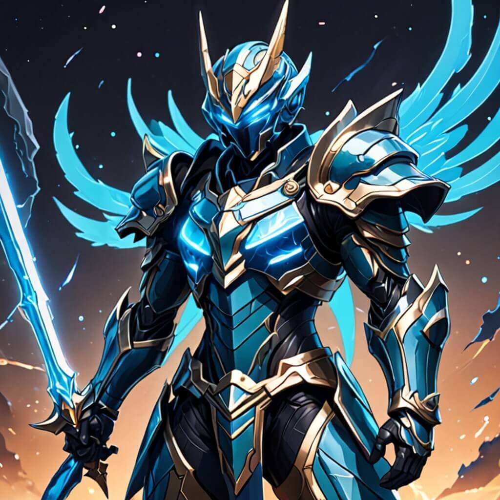 Un guardián con armadura celestial, ojos brillantes y una postura protectora.