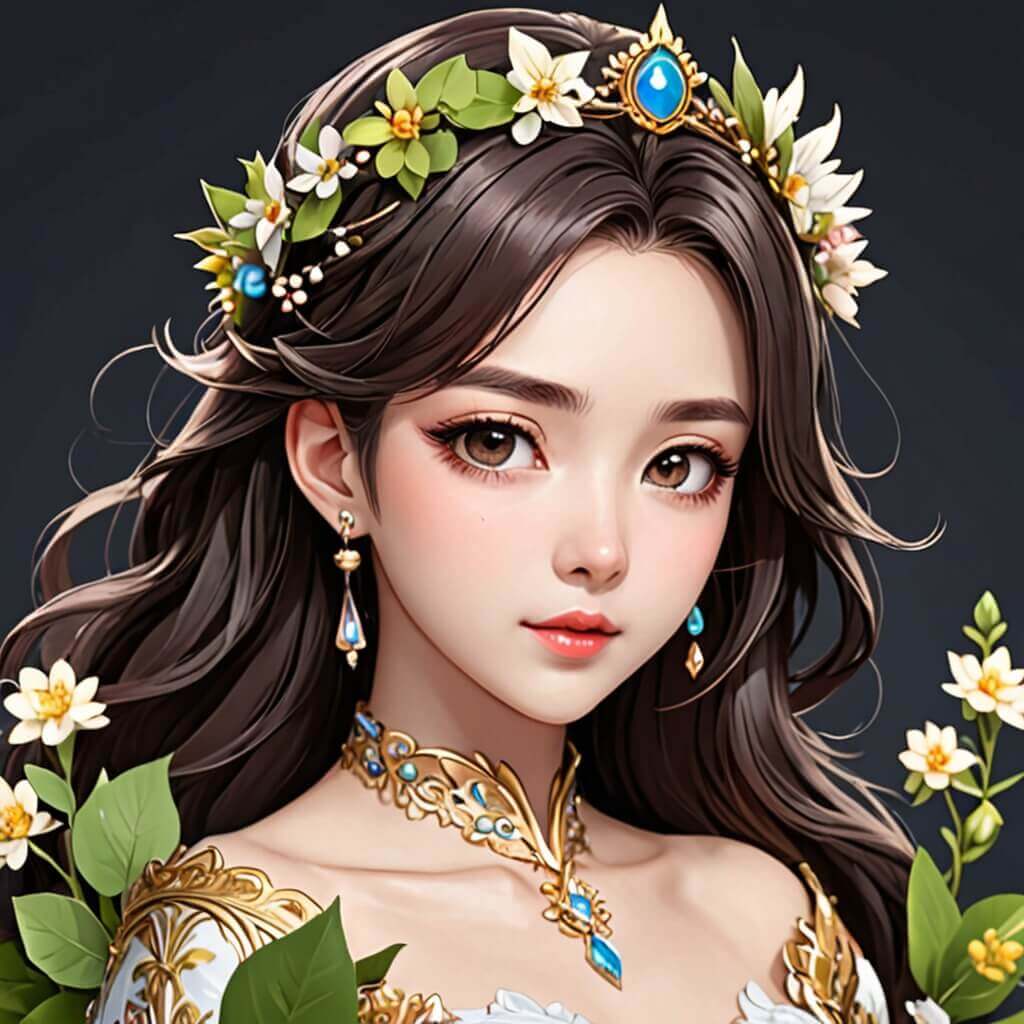 Un personaje con una corona de flores y una expresión amable.