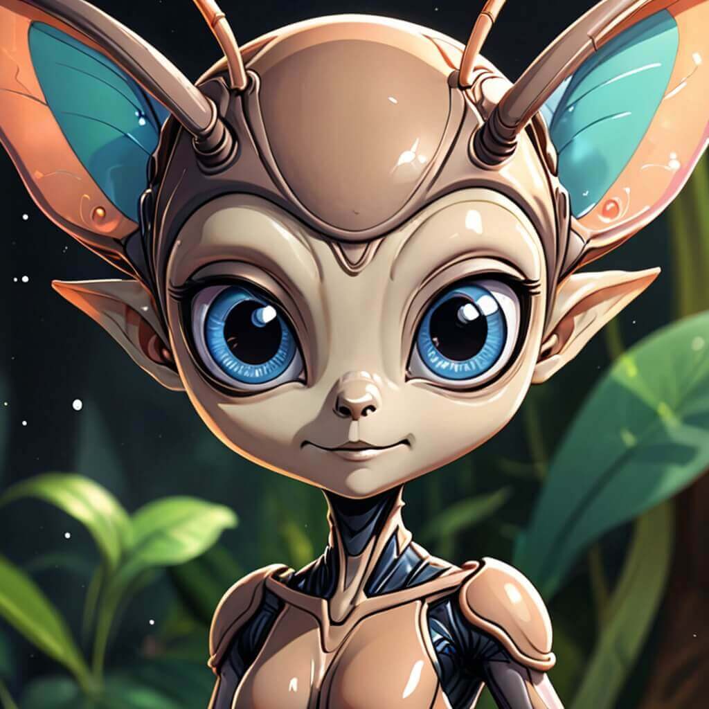 Un extraterrestre con ojos grandes, antenas y una sonrisa amistosa.